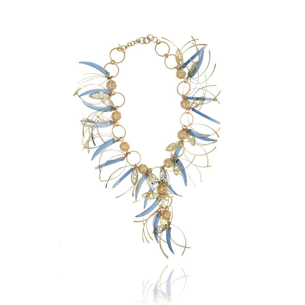 Gold Blue Topaz Feathers Crystal Necklace Runway Edition - Georgina Jewelry