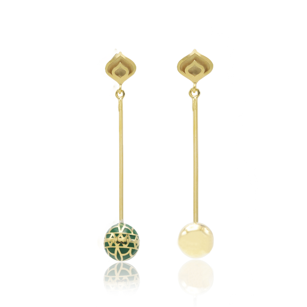 Signature Gold Sphere Green Emerald Resin Long Earrings