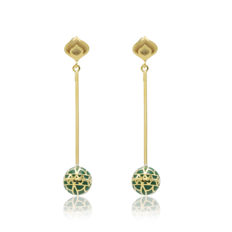 Signature Gold Sphere Green Emerald Resin Long Earrings - Georgina Jewelry