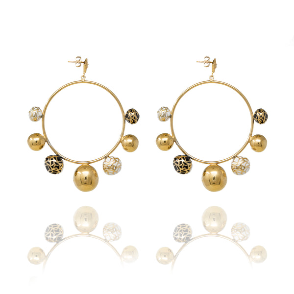 Gold Sphere Dangle Hoops with Natural Stone