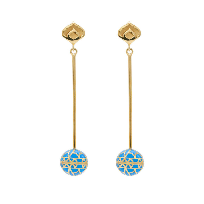 Signature Gold Sphere Blue Cobalt Resin Long Earrings - Georgina Jewelry