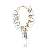 Gold Blue Topaz Feathers Crystal Necklace Runway Edition