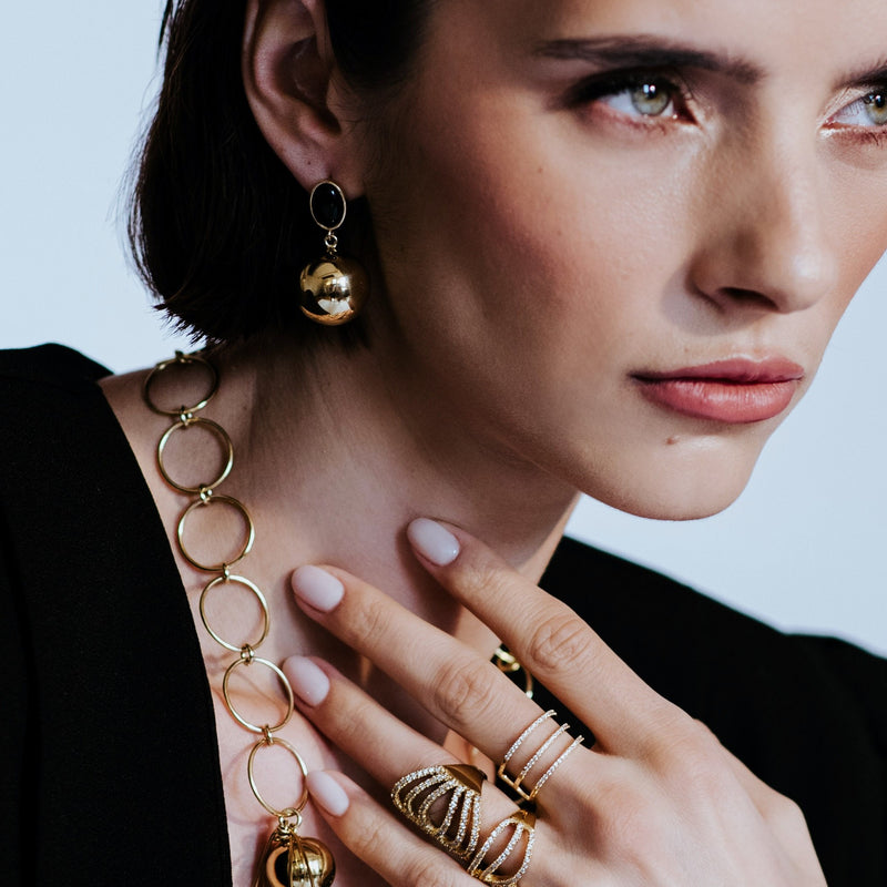 Signature Dangle Gold  Sphere Onyx Earrings - Georgina Jewelry