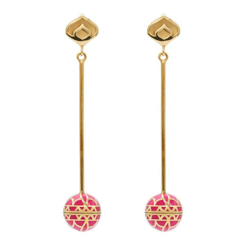 Signature Gold  Sphere Pink Resin Long Earrings