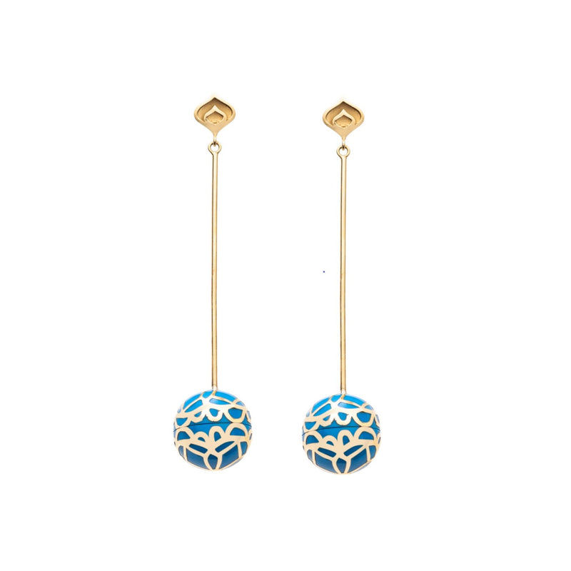 Signature Gold Sphere Blue Cobalt Resin Long Earrings - Georgina Jewelry
