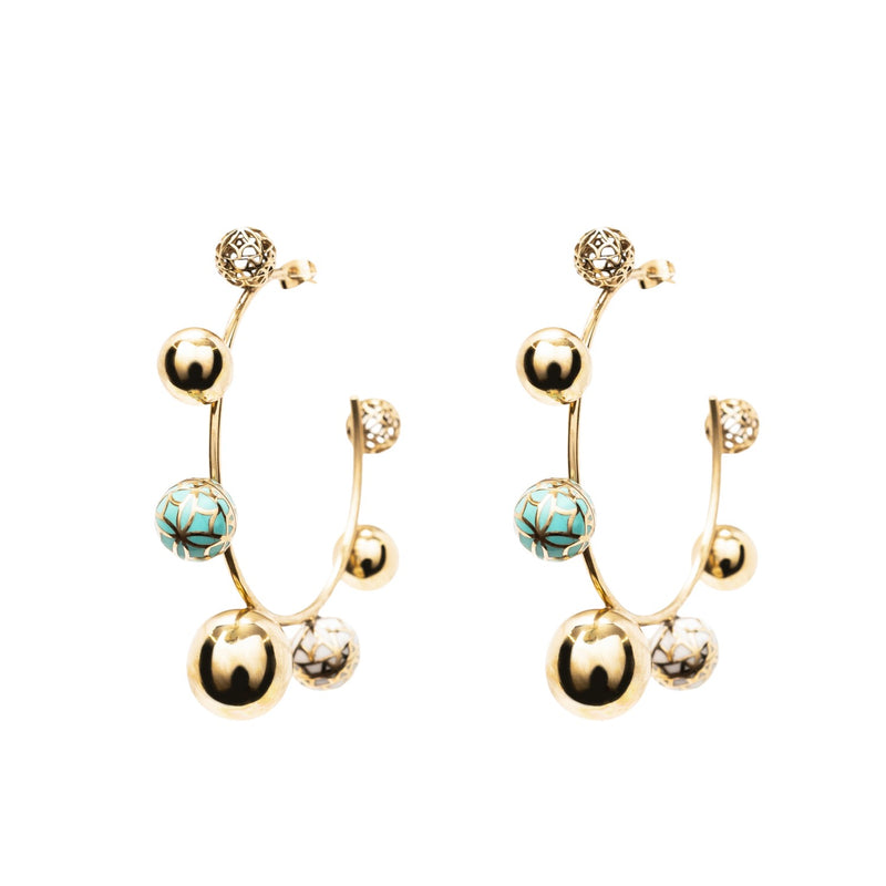 Gold Sphere Hoops with Natural Stone - Georgina Jewelry