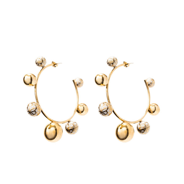 Gold Sphere Hoops with Natural Stone - Georgina Jewelry